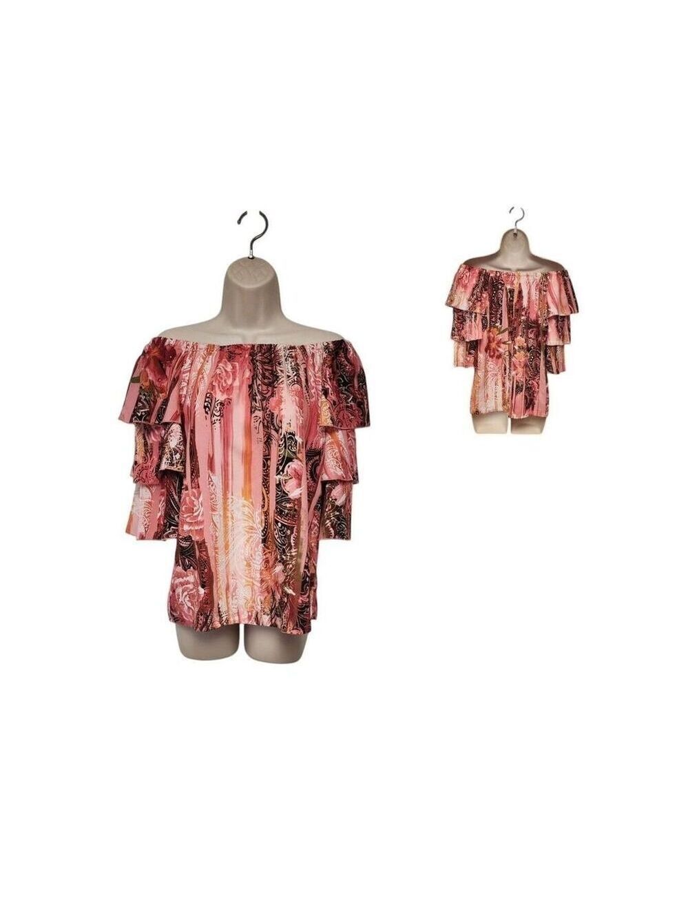 Cato Est 1946 Tiered Ruffle Sleeve 3/4 Sleeve Floral Blouse Pink/Black Size M